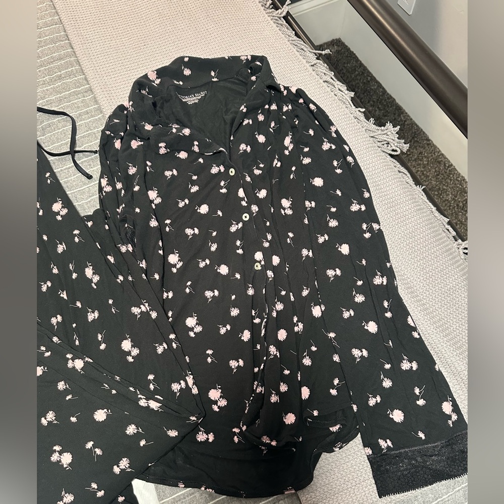 Victoria's Secret Black Pajama Set with Pink Floral Accents